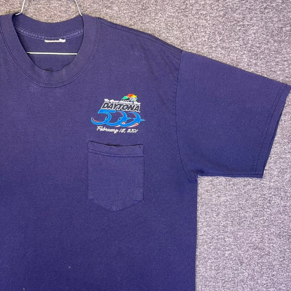 Daytona 500 Shirt Mens L Navy‎ Blue Vintage 2001 Racing Pocket Graphic Tee